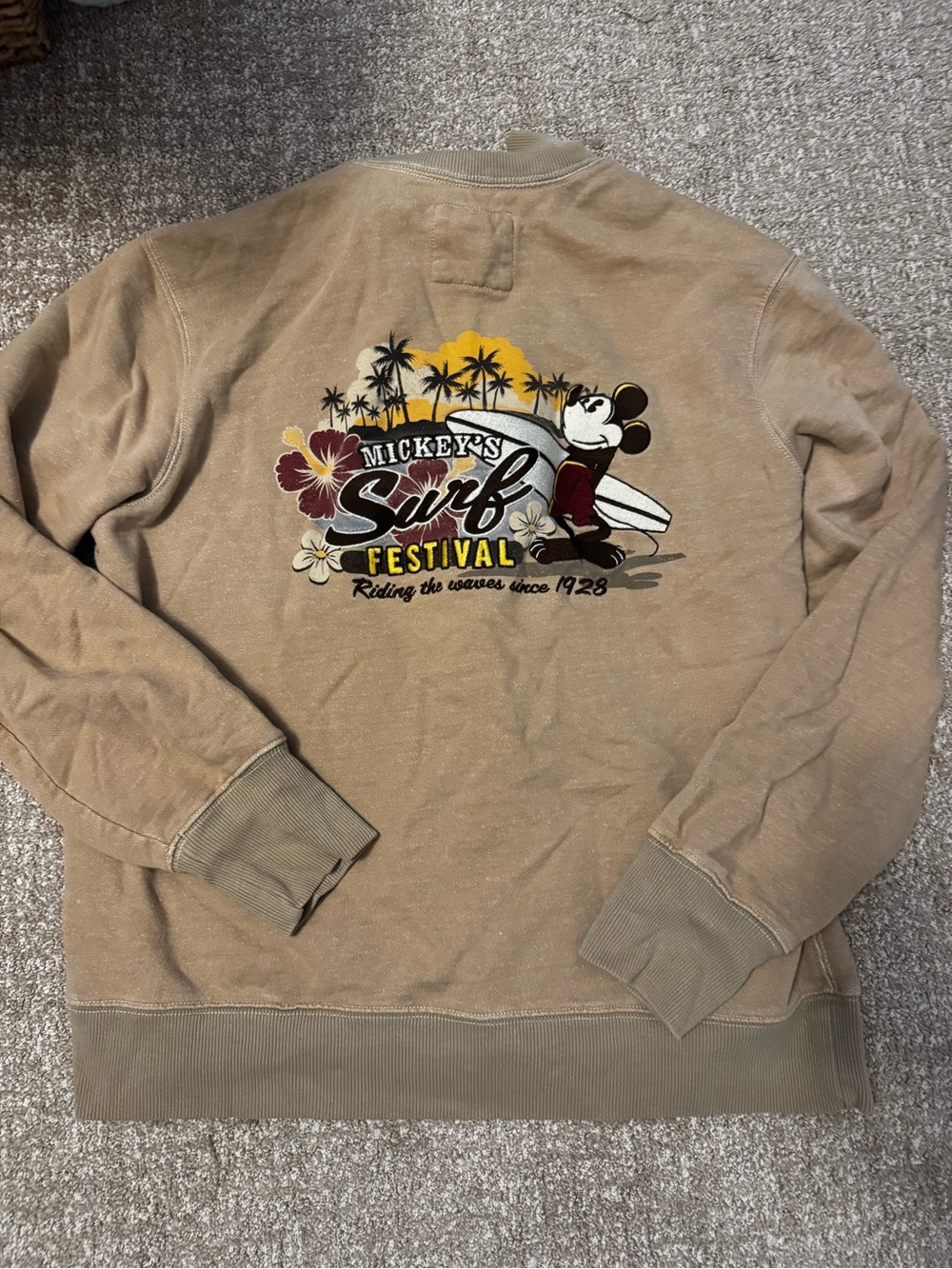 Disney Tan Crewneck Sweatshirt with Mickey Surf Graphic